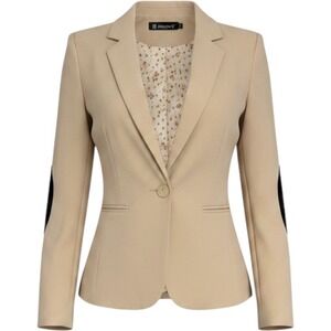 Allegra K Women Tan Blazer Black Elbow Patches Floral Lining Single‎ Button XS